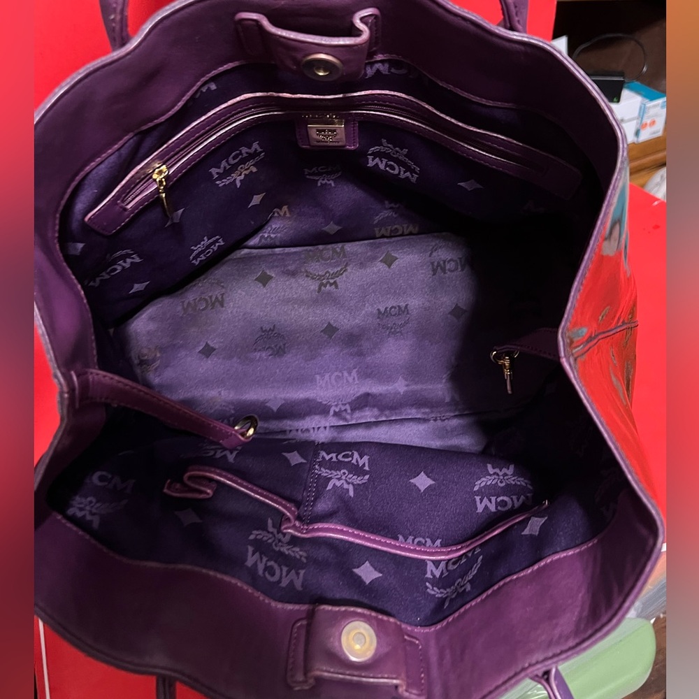 MCM Patent Leather Embossed Tote in Dark Brown with Purple Handles and Interior - Picture 2 of 3